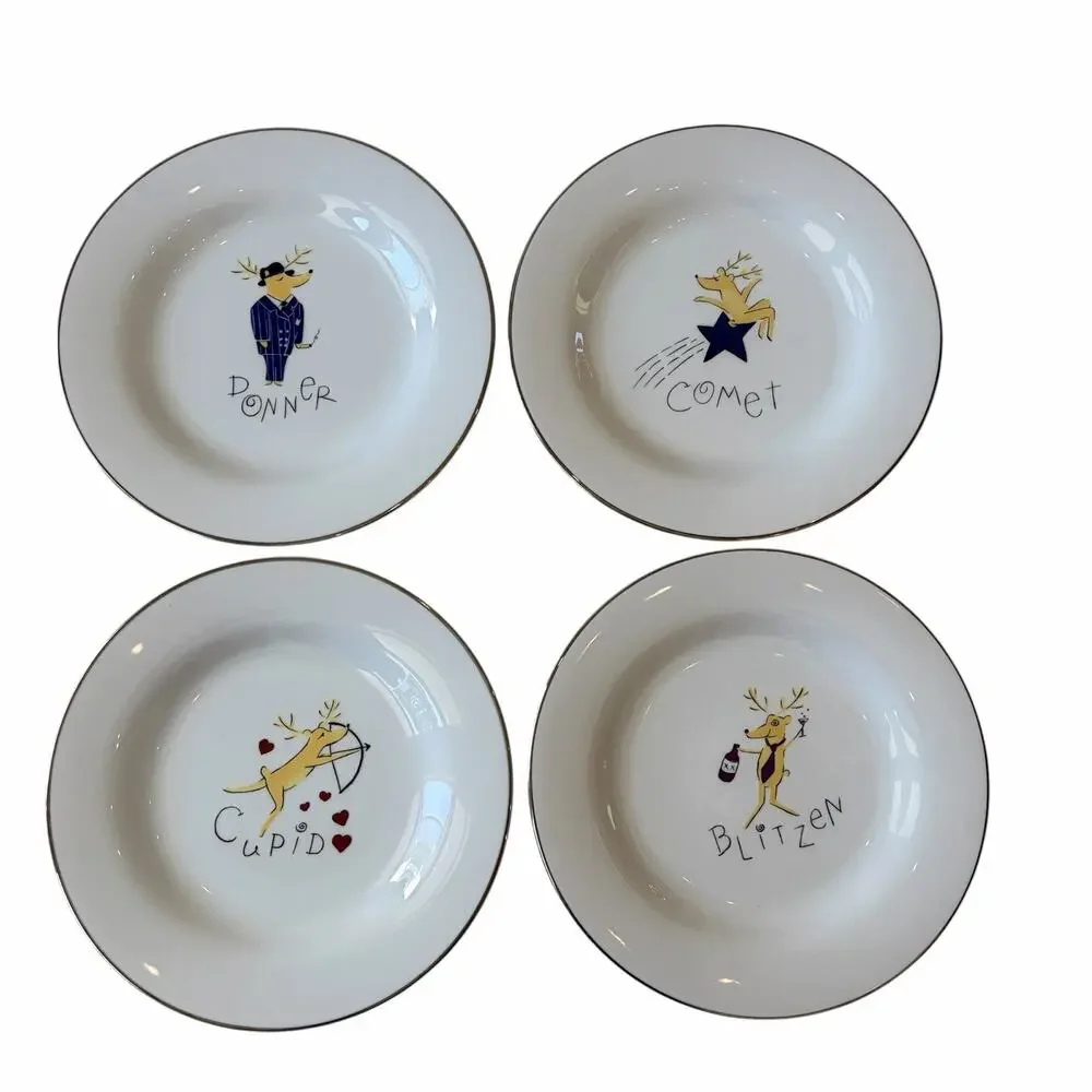 Pottery Barn Christmas Reindeer Dinner Plates 11in Set of 4 Japan RETIRED